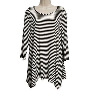 Chico's 2 L Black White Stripe Tunic Top Knit Tee Asymmetric Hankie Hem Stretch